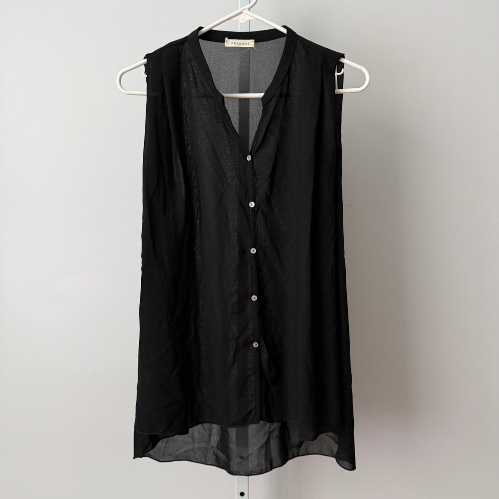 Phanuel OS Black Sleeveless Blouse Sheer Button Top Preppy Classic Minimalist